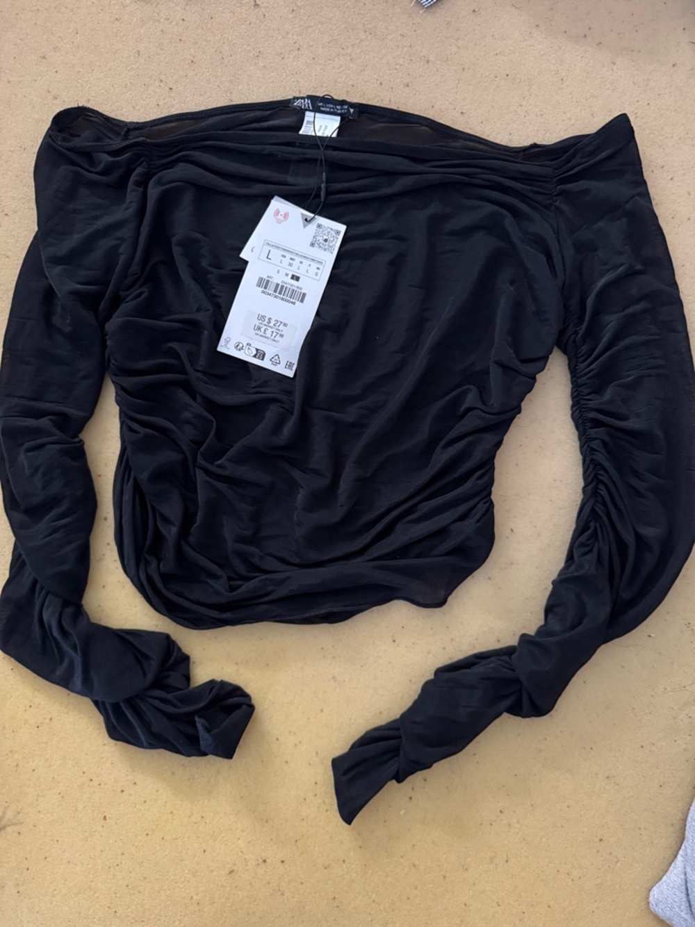 ZARA Black Off-Shoulder Ruched Long Sleeve Top